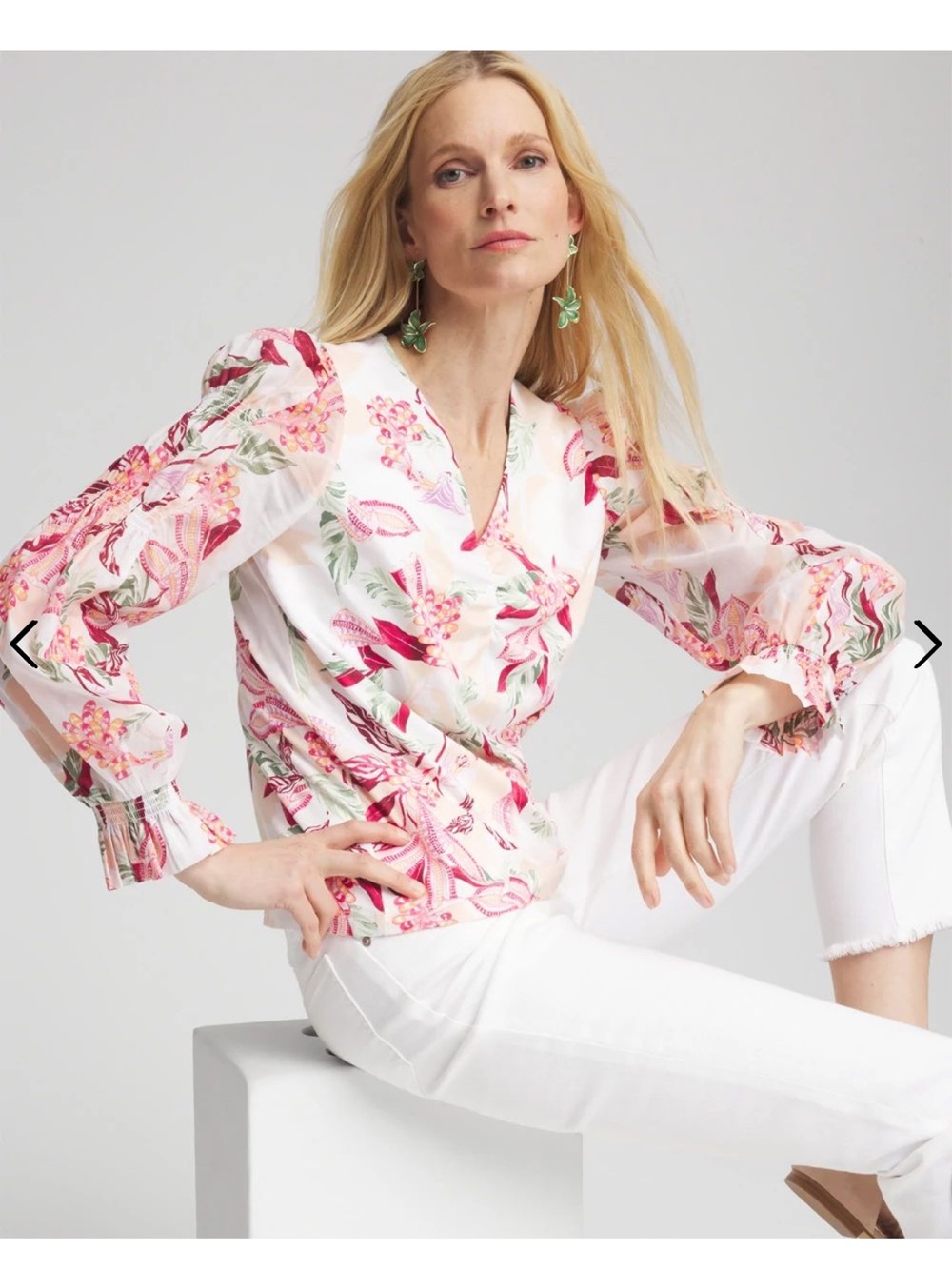 Chico's Pink Floral Wrap Top with Puff Sleeves prima cotton